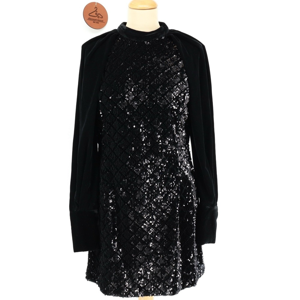 Zara Sequin Velvet Mini Dress Medium Balloon Sleeve Black Goth Glam‎ Party Retro